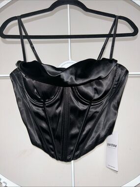NWT Parthea Y2K Black Satin Draped Corset Bustier Cami Top w/ Sweetheart Detail